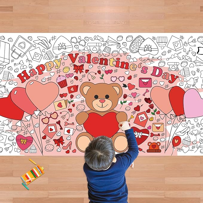 Valentines Giant Coloring Poster/Tablecloth-Valentines Day Gifts for Kids Classroom School-30 x 72 Inches Jumbo Coloring Banner Kids Crafts Games Activities Toys Decor Party Decorations