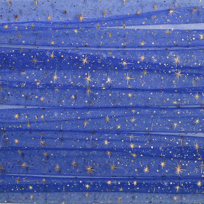 Horaldaily Royal Blue Gold Sparkling Star Gauze Tablecloth 52x70 Inch Rectangular, Golden Star Sequin Glitter Metallic Foil, Sheer Tulle Cheesecloth for Wedding Baby Shower Party