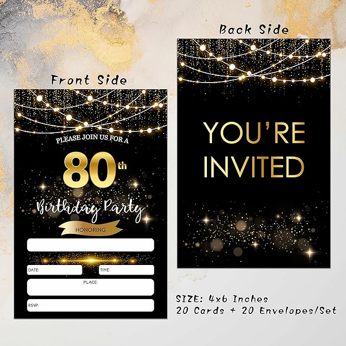 80th Birthday Invitations with Envelopes - Black Gold Glitter Fill-in Invites Cards - Surprise Birthday Party Invitation Card for Him/Her - Adults Birthday Party Favors Supplies Decorations (20 Pack)