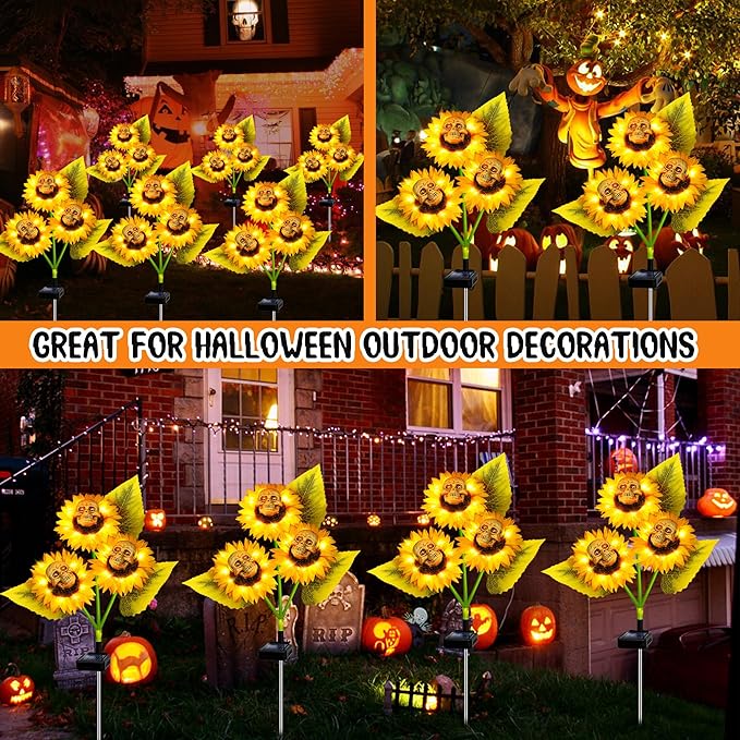 Halloween Decorations Outdoor, 2 Pack Solar Scary Skull Sunflowers Lights,Waterproof Solar Flowers Lights Garden Decor for Halloween Yard Patio Lawn Party Decor
