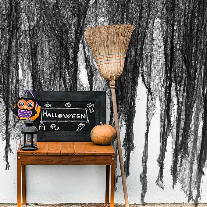 Watayo 500 x 59 Inch Halloween Spooky Cloth, Black Large Size Halloween Scary Creepy Cloth, Windows Doorways Cover Gauze for Haunted House Yard Horror Themed Party Decorations