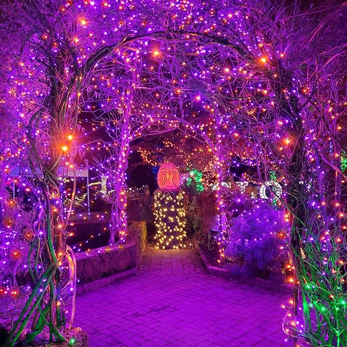 weillsnow 164FT 500 LED Halloween Lights, 8 Modes Waterproof Plug in String Lights for Halloween Indoor Outdoor Yard Party Wedding Garden Home Decorations (Purple & Orange)