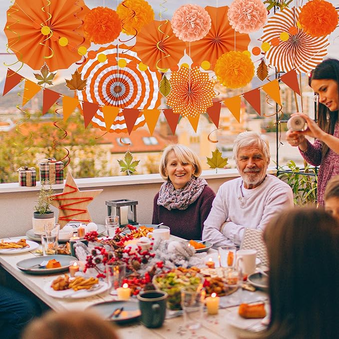27PCS Thanksgiving Decorations, Happy Thanksgiving Banner, Orange Yellow Harvest Pompom Garland Paper Fan Hanging Swirls for Fall Harvest Party Decorations Decor Accessories Indoor Outdoor Supplies