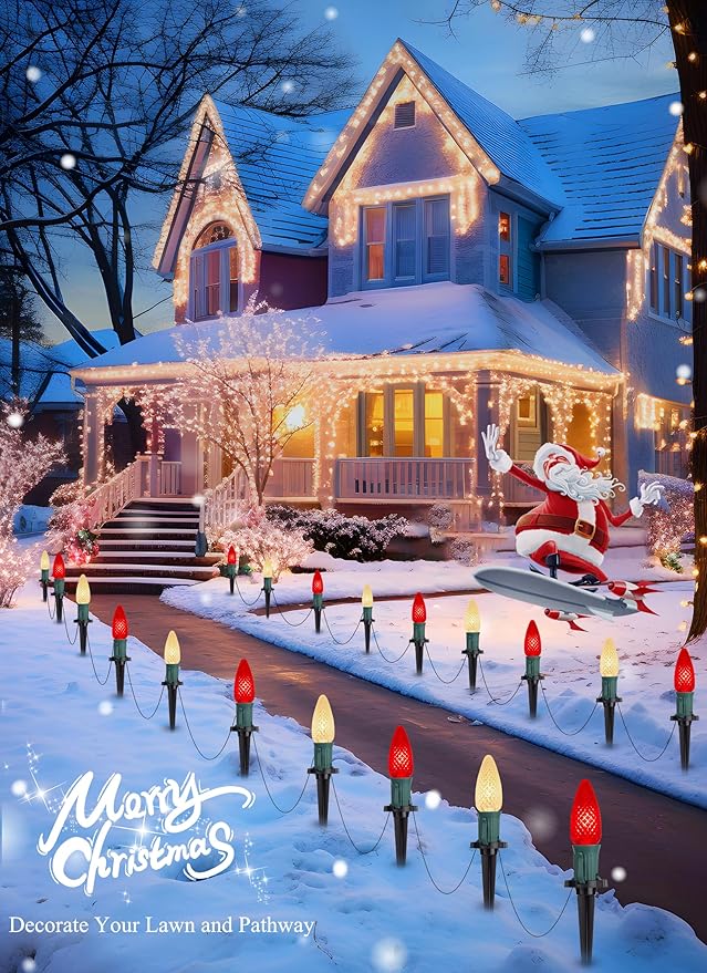 C9 LED Christmas String Lights Outdoor, 26 Feet 20 LED Christmas Pathway Lights with 20 Plastic Stakes, Connectable Waterproof for Driveways Xmas Holiday Patio Decoration, Red and Warm White