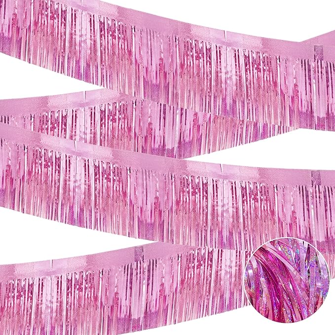 4 Pcak Each 10 Feet Glitter Pink Parade Float Decorations for Trailer Car, Glitter Foil Fringe Metallic Tinsel Streamers Banner Garland for Graduation Weeding Homecoming Birthday Party (Glitter-Pink)