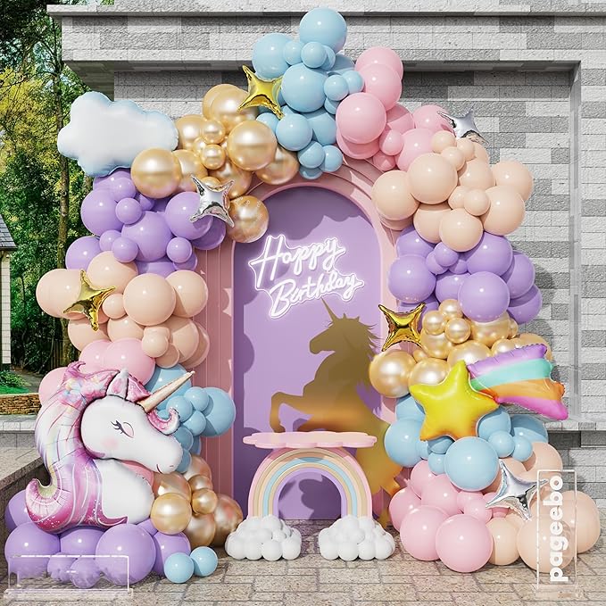 PageebO Pastel Rainbow Unicorn Balloon Garland Arch Kit, 154Pcs Soft Rainbow Balloons with Unicorn Meteor Cloud Balloons for Fairytale Birthday Party Princess Tea Girl Baby Shower Decorations