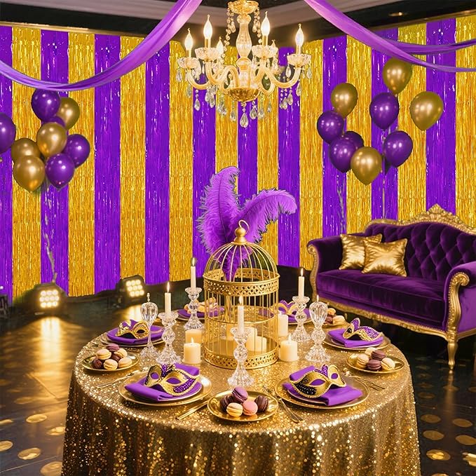 TONIFUL 2Pcs Purple Gold Door Streamers,Green Photo Booth Backdrop,Metallic Streamers Green Foil Fringe Curtains for Birthday,Christmas,New Year,St. Patrick's Day Party Streamers Decor