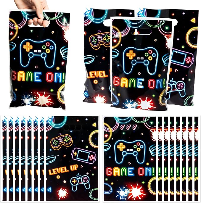 Video Game Party Favor Bags - 50Pcs Neon Video Gaming Goody Candy Treat Gifts Bags, Game on Theme Party Decorations for Kids Boys Girls Birthday Supplies