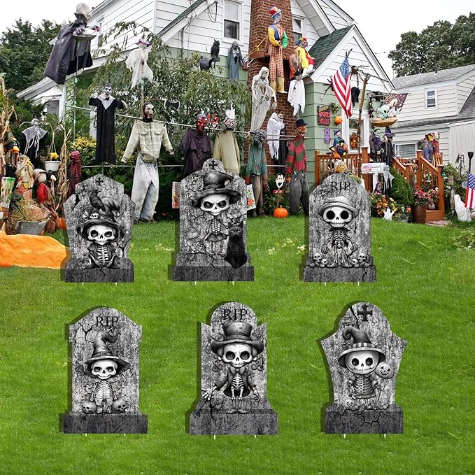 6pcs Halloween Tombstones Outdoor Yard Signs: Grave Skeletons, Black Cat, Crow, 11”x16.53 Halloween Home Party Decorations, Waterproof Safety Boards