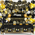 Retirement Party Decorations for Men Women 109Pcs Black Gold Happy Retirement Set Retired Banner Backdrop Balloons Sash Swirls Pompoms Tablecloth Honeycomb - Indoor Outdoor Reusable