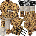 452 Pcs Leopard Print Party Decoration, Cheetah Print Paper Plates Napkins Cups Tablecloth Cutlery Straws for Jungle Safari Animal Theme Birthday Baby Shower Party Supplies Serve 50