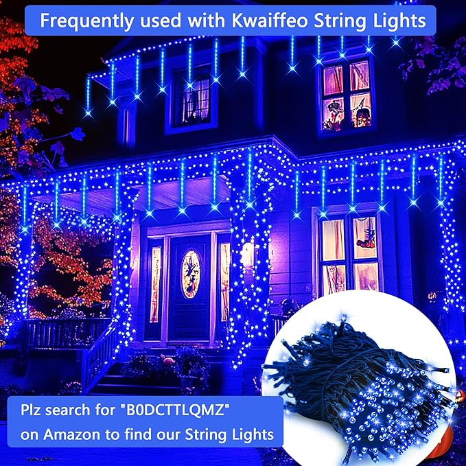 Kwaiffeo Blue Icicle Christmas Lights Outdoor, 16 Tubes(Equivalent to 2 Sets of 8-Tubes) LED Meteor Shower Lights for Xmas Halloween Decor Yard Lawn, Outdoor Lighted Christmas-Themed Ornaments