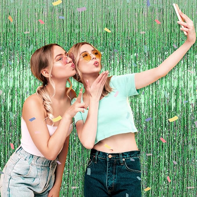3 Pack Light Green Foil Fringe Curtain Backdrop, 3.28Ft x 8.2Ft Metallic Tinsel Foil Fringe Streamer Curtains for Photo Booth, Mother's Day, Easter, Birthday, Wedding Party Decorations
