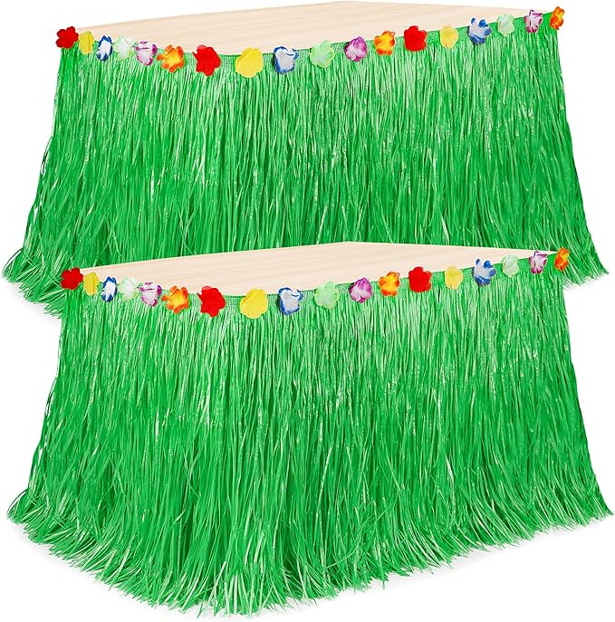Hawaiian Party Table Skirt Decorations, 2PCS Green Luau Party Table Skirt Decorations, 108 X 29.5" Grass Skirts Luau Party Favors, Luau Table Skirt for Summer Tropical Hula Parties Decor Accessories