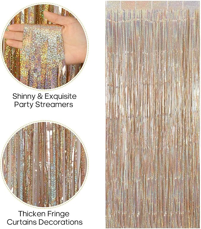2 Pack Fringe Curtains Backdrops, Foil Fringe Curtains, Door Streamers for Birthday Wedding Bridal Shower Holiday Graduation Party Decorations, Photo Booth Backdrops, Glitter Champagne