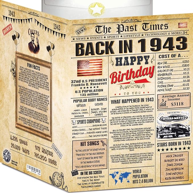 83rd Birthday Card for Women Men- Back In 1943 Card - 83 rd HAPPY BIRTHDAY cards for Him Her - Vintage 83rd birthday gifts JUMBO size 83 rd birthday decorations for husband wife - gift for 83 year old