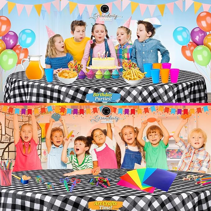 Grandipity 12 Pack Premium Disposable Plastic Tablecloth 84" Inch Decorative Round Checkered Table Cover - Black Checkered Gingham