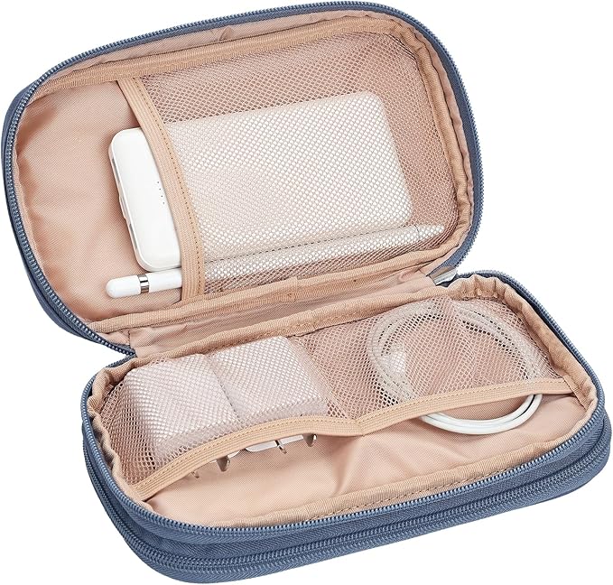 NISHEL Travel Cord Organizer Case, Double Layers Tech Electronic Bag, Essentials for Charger, Cable, Phone, Flash drive, Medium, Aegean-Blue
