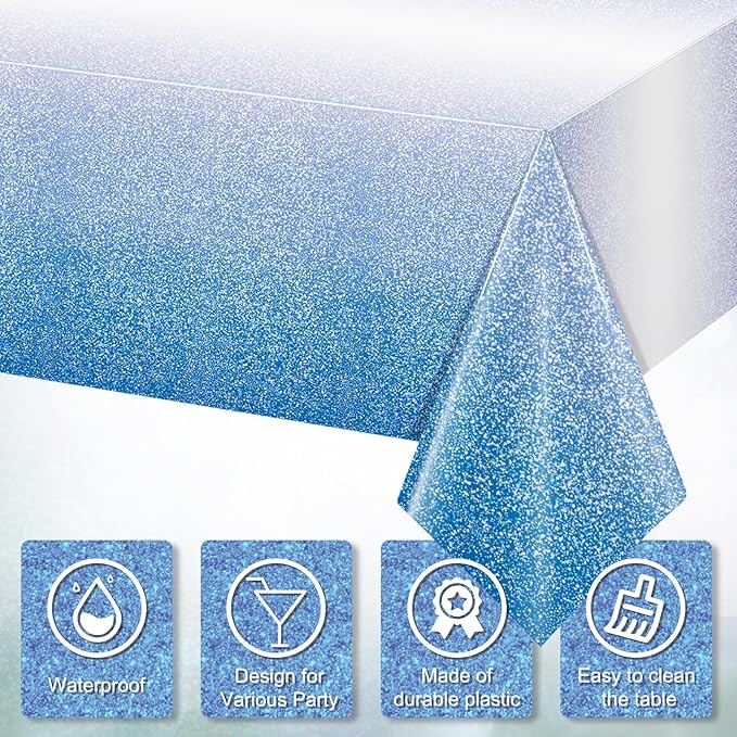 FunnyPars 3 Pack Ombre Blue Plastic Tablecloth for Parties, Gradient Pastel Blue Disposable Tablecloths for Rectangle Tables, Sprinkle Table Cover for Wedding Birthday Anniversary Party, 54 x 108Inch