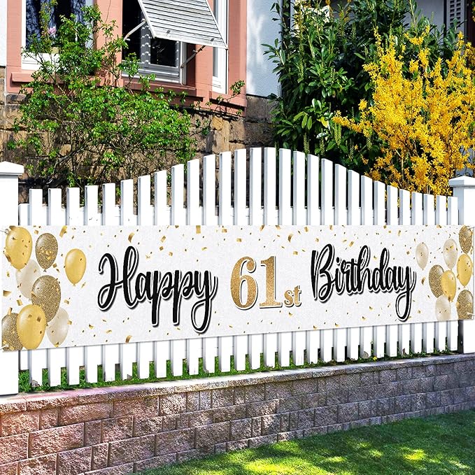 Happy 61st Birthday Decorations,61st Gold Balloon Large Birthday Hanging Banner Sign,61 Years Old Bday Party Supplies.