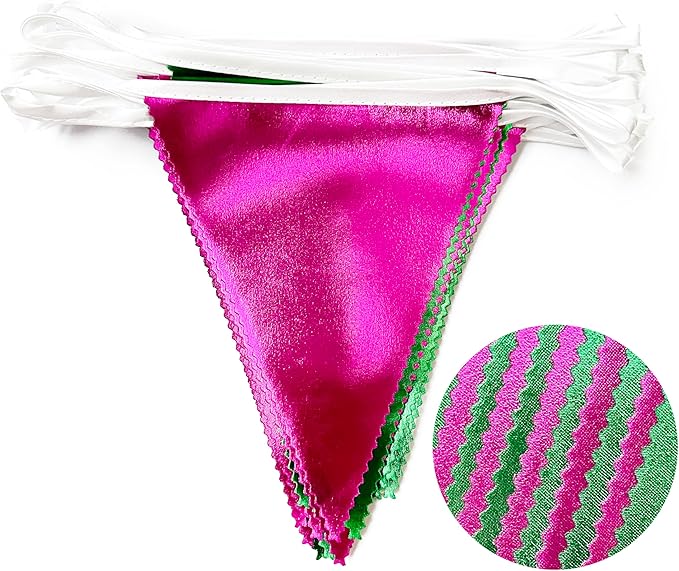 Pink and Green Party Decorations Metallic Hot Pink Light Green Fabric Triangle Pennant Banner Flag Bunting Garland for Witches Theme Birthday Wedding Baby Shower Engagement Bachelorette Party Supplies