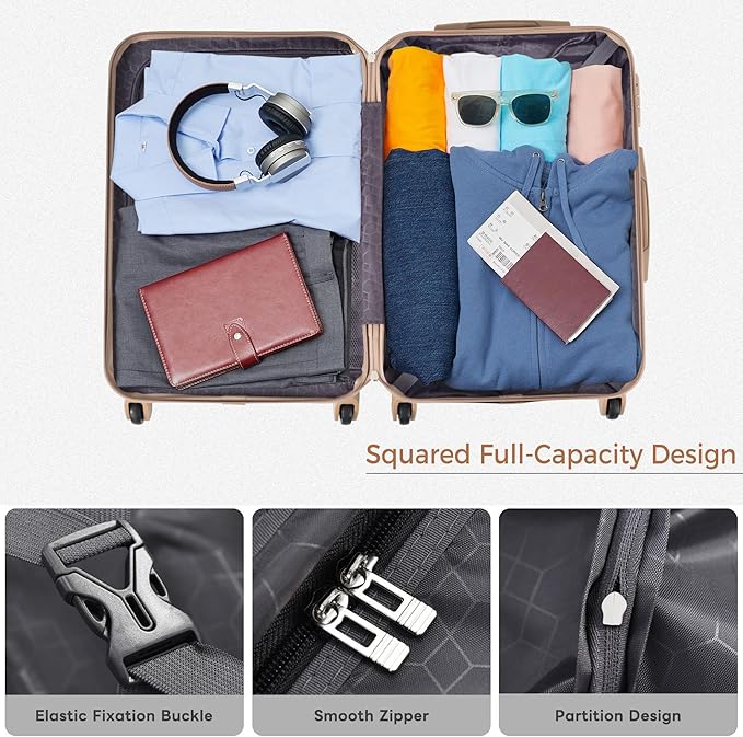 Merax 3 Piece ABS Hardshell Luggage Sets Spinner Wheel Suitcase TSA Lock Suit Case, Tan, 20/24/28 Inch