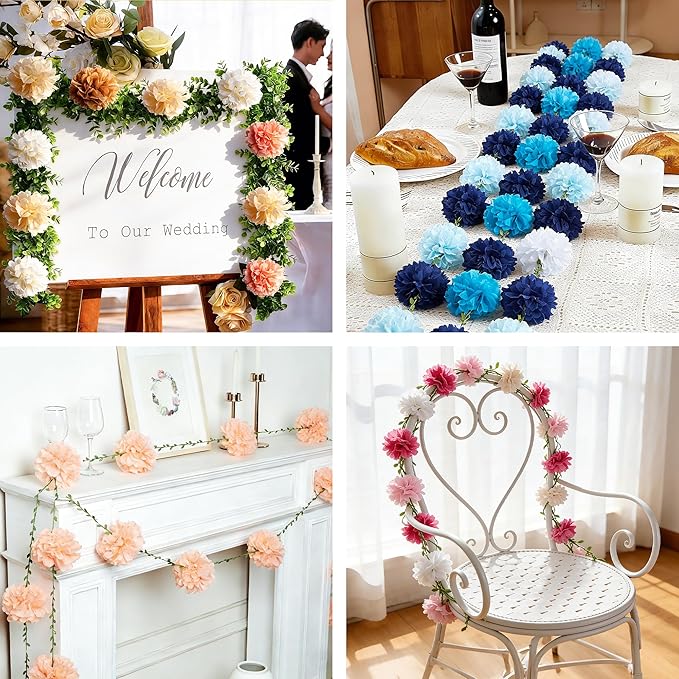 2 Pc Champagne Hanging Paper Flower Garland, 8.2 FT Ombre Tissue Paper Flower Garland, Champagne Gradient Pom Pom Garland for Wedding Backdrop Bridal Shower Engagement Party