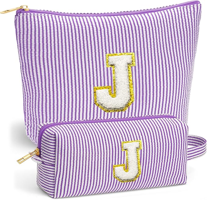 Travel Essentials - Portable Travel Toiletry Bag for Women, Initial Makeup Kit Organizer Make up Cosmetic Bag Set Purple Stuff Birthday Gifts for Women Daughter Mom, Purple Letter J