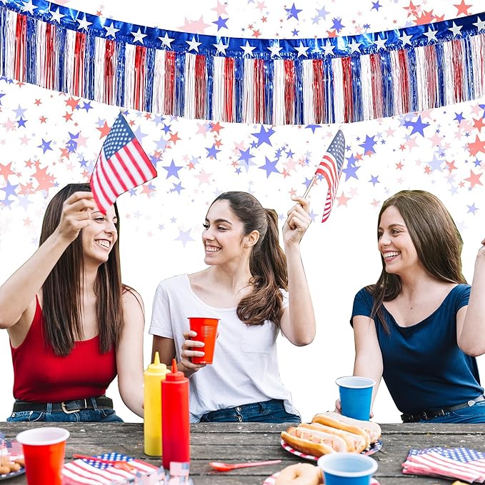 4th of July Decorations 2 Packs 39 Feet Metallic Banner Foil Fringe Garland, Red White and Blue Tinsel Streamers Hanging Backdrop American Flag Star for Parade Floats Memorial Day Patriotic Party