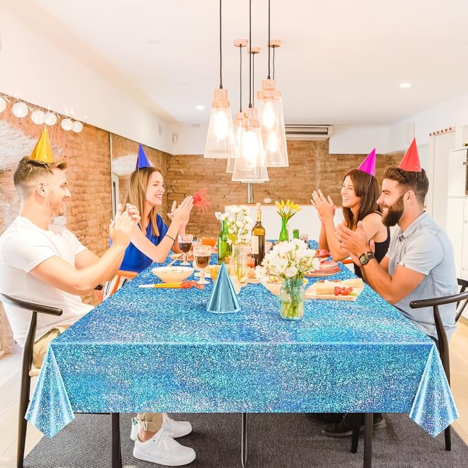 Sparkling Holographic Laser Tablecloth - Shimmering, Waterproof, Easy to Clean - Ideal for Bachelorette, Birthday, Wedding, and Anniversary Party Decorations (Pink & Light Blue, 2)