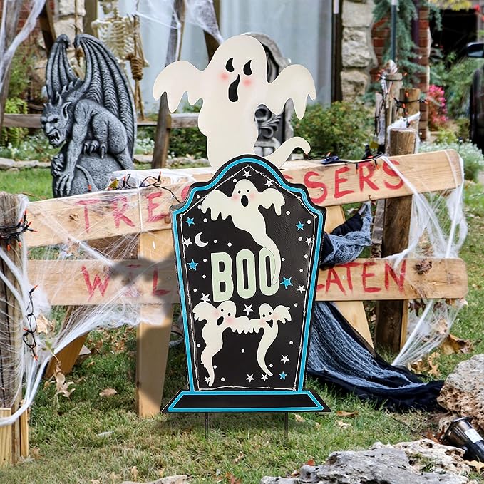 Joliyoou Halloween Yard Stake, 26.4" Solar Lighted Metal Tombstone with Glow in The Dark Ghosts, 18 LED Purple Lights Spooky Yard Sign for Outdoor Front Door Yard Lawn Garden Decors