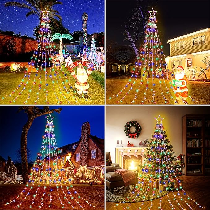 FUNIAO (New Christmas Lights, Outdoor Christmas Decorations, 320 LED Waterfall String Lights, 8 Light Modes Chrsitmas Lights with 12" Star Tree Topper for Yard, Wedding, Party, New Year (Multicolor)
