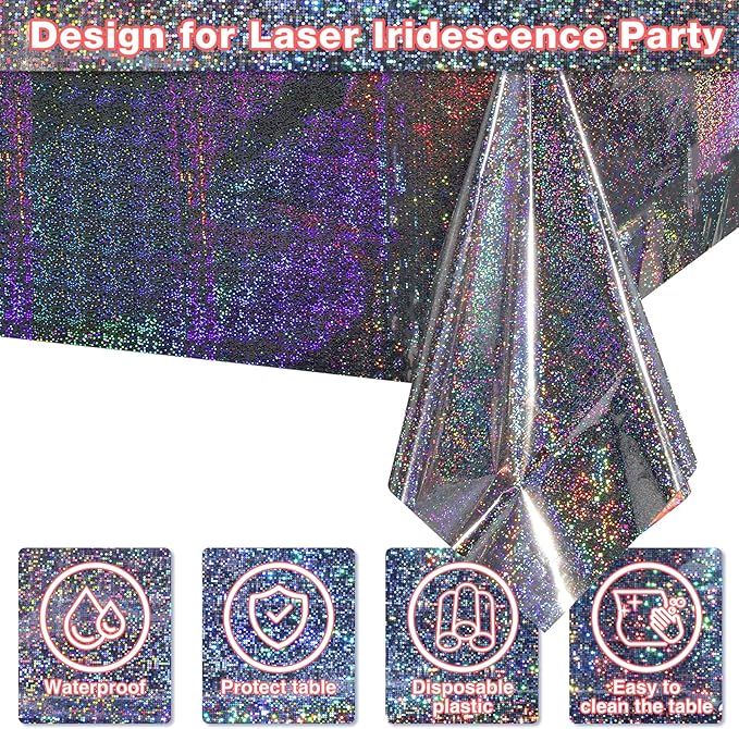 FunnyPars 8 Pack Iridescent Plastic Tablecloths Shiny Disposable Laser Rectangle Table Covers Holographic Foil Tablecloth Iridescent Party Decoration