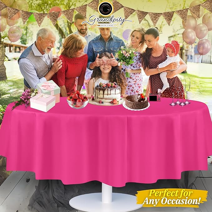 Grandipity 12 Pack Premium Disposable Plastic Tablecloth 84" Inch Decorative Round Table Cover - Hot Pink