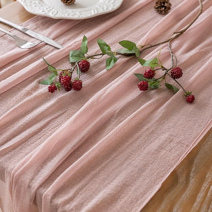 Keketoarrange Dusty Pink Easter Table Runner Cheesecloth Gauze Rustic 120 Inch 10 FT for Wedding Baby Shower Bridal Shower Birthday Engagement Garden Party Long Sheer Boho Spring Home Decorations