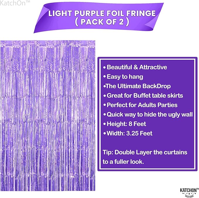 KatchOn, XtraLarge Light Purple Fringe Curtain - 6.4x8 Feet, Pack of 2 Purple Backdrop | Purple Party Decorations | Purple Foil Fringe Curtain, Mermaid Birthday Decorations | Purple Streamer Backdrop