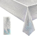 1 pcs Silver Holographic Tablecloths Shiny Disco Laser Table Cloths 40" x 108" Iridescence Plastic White Table Cover for Birthday Party Decoration Wedding Christmas Winter Grad Party Supplies