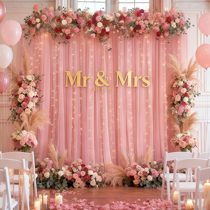 10×10ft Dusty Rose Tulle Backdrop Curtain with Lights String for Parties, Sheer Photo Curtain Backdrop Drapes for Wedding Party Photography Backgrounds