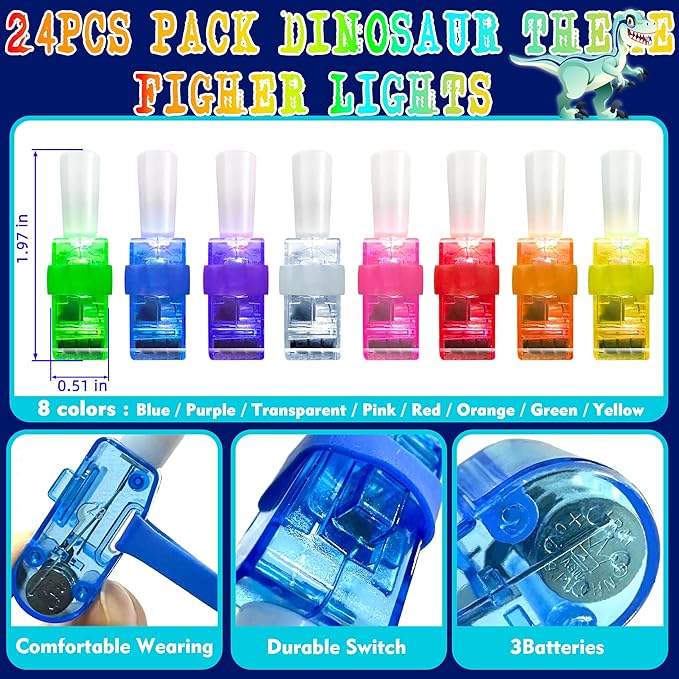 24PCS Dinosaur Party Favors-LED Finger Lights：Glow-in-the-Dark Light-Up Toys Bulk for Kids Boys Girls,Dino Birthday Party Decorations Supplies, Party Goodie Bags, Classroom Prizes, Fun Gifts