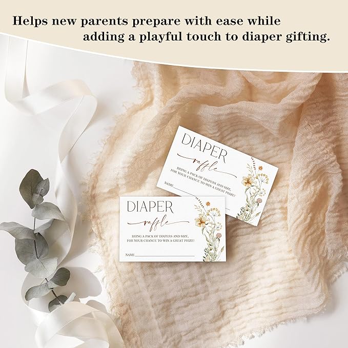 Boho Floral Diaper Raffle Game, Diaper Raffle Tickets for Baby Shower, Gender Neutral Tickets for Baby Shower Party Favor Decorations Supplies (1 Sign + 50 Cards)