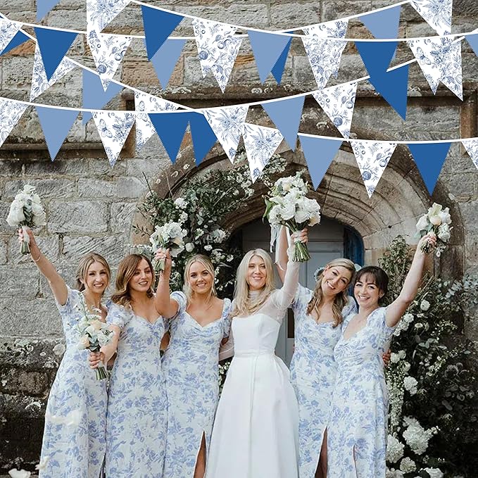 32Ft Blue Floral Party Decorations Vintage Blue White Flower Pennant Banner Fabric Triangle Flag Garland Streamers for Floral Wedding Porcelain Birthday Baby Bridal Shower Garden Tea Party Decor