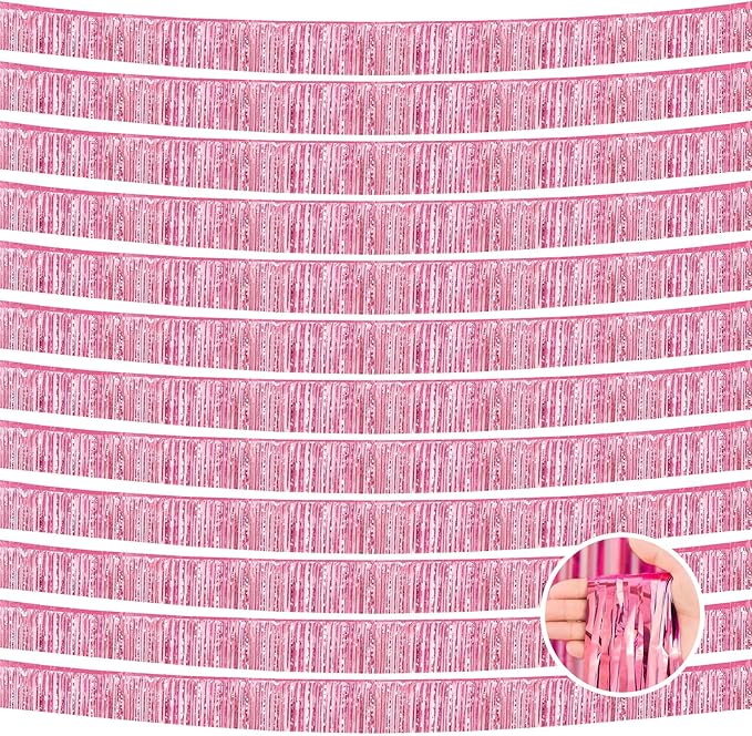 12 Pack 10 Feet Metallic Foil Fringe Garland Tinsel Streamers Banner, Pink Wall Hanging Tinsel Fringe Banners for Parade Floats, Wedding, Birthday, Christmas, New Year Party Decorations