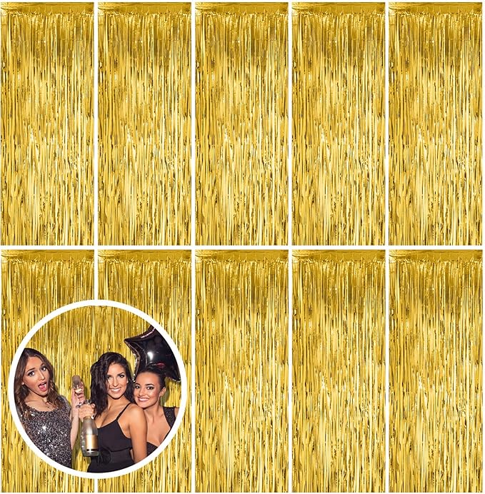 10 Pack Gold Fringe Curtain Backdrop Tinsel Streamers Birthday Party Decorations Christmas Photo Booth Backdrop Halloween New Year Graduation Baby Shower Theme Party Decorations