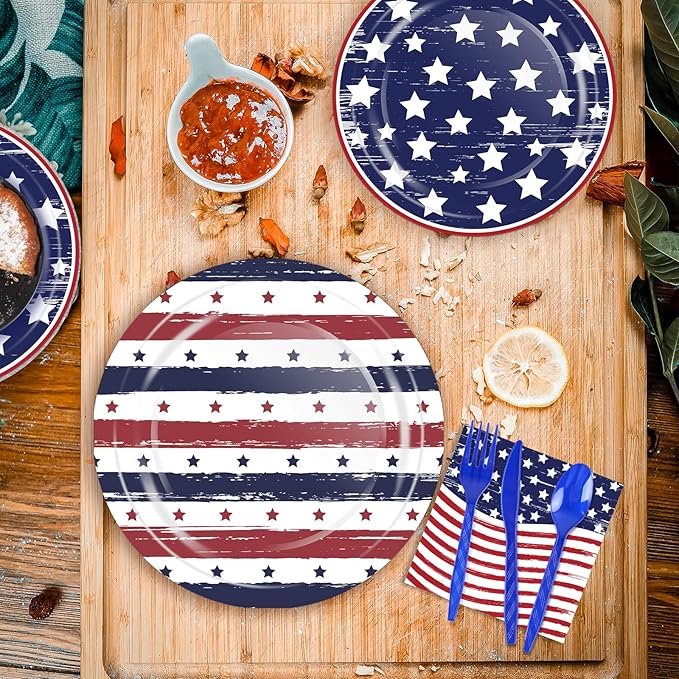 OuMuaMua Patriotic Party Supplies 184 Pcs American Flag Themed Tableware Set 4th of July Disposable Paper Plates Napkins Cups and Banner for Independence Day Memorial Day Party Decorations Serves 25