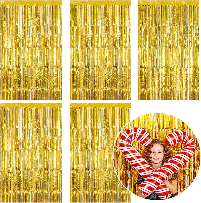 5 Pack Foil Curtain Backdrop Gold Metallic Tinsel Foil Fringe Curtains Photo Booth Props for Birthday Wedding Engagement Baby Shower Bachelorette Christmas Holiday Celebration Party Decorations