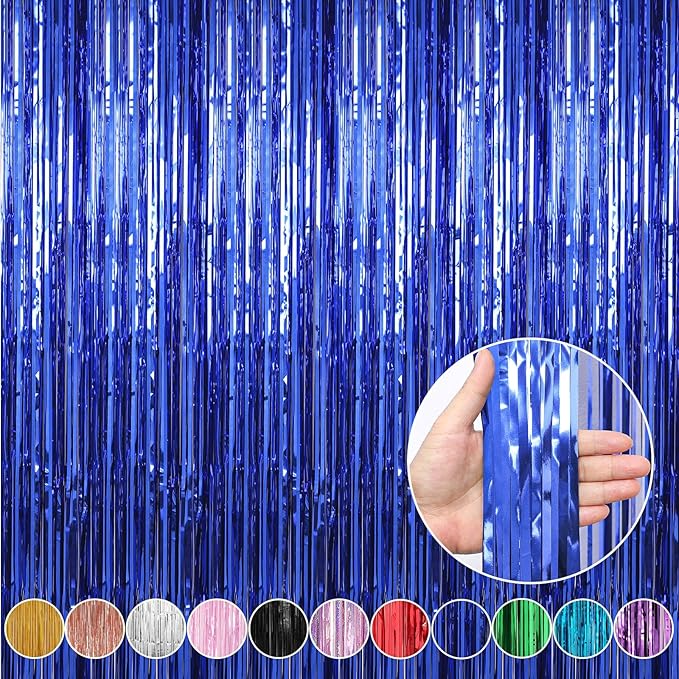 Crosize 4 Pack 3.3 x 9.9 ft Dark Blue Foil Fringe Curtains Party Decorations, Blue Tinsel Curtain Backdrop for Parties, Door Streamers, Glitter Streamer Fringe Backdrop for Birthday Decoration