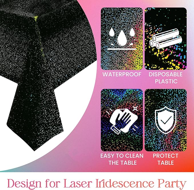 2 Pcs Black Holographic Laser Tablecloth Galaxy Space Table Cloth 40 * 108 Inch Shimmer Star TableCover for Halloween Birthday Graduation Neon Party Supplies Disposable Plastic Foil Table Decor