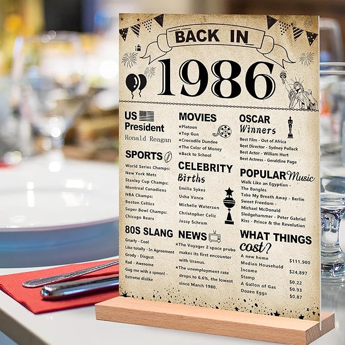 DARUNAXY 40th Birthday Party Decorations, Vintage Back in 1986 Poster Acrylic Sign with Stand 40 Year Old Party Supplies for Men& Women Vintage 1986 Table Decor 40th Anniversary Class Reunion Gifts