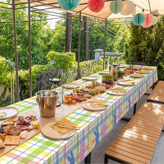 3Pcs Spring Easter Buffalo Plaid Checkered Tablecloth Decorations,Plastic Bunny Watercolor Pink Blue Yellow Green Pastel Disposable Table Cover for Spring Birthday Easter Party Supplies,54 x 108 Inch