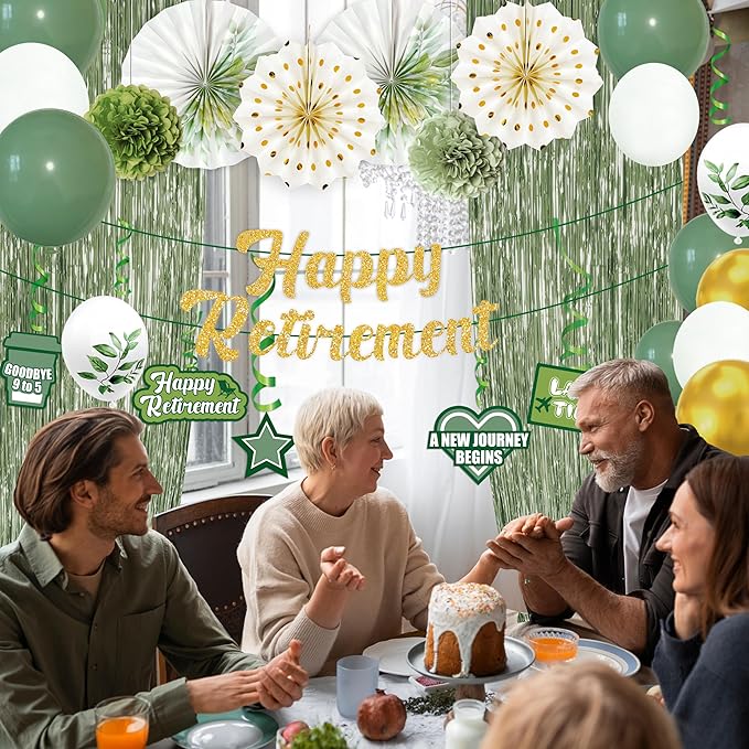 40PCS Retirement Party Decorations Sage Green Happy Retirement Banner Paper Fans Foil Curtains Hanging Swirls Tissue Pom Poms Balloons Decor